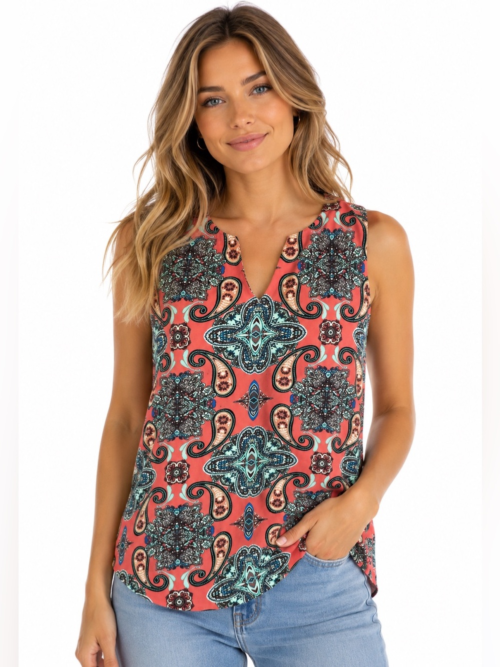 Verse Made USA Bright Paisley Mandala Sleeveless Blouse Boho Tank Top Medium